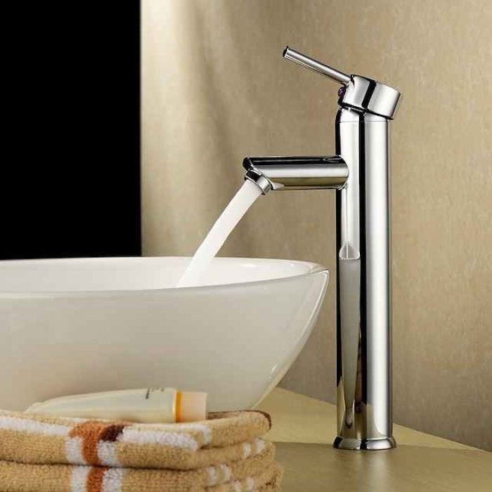 Bathroom Sink Faucet,Country Style Brass Chrome Vessel Single Handle One Hole Bath Taps with Hot and Cold Switch and Valve