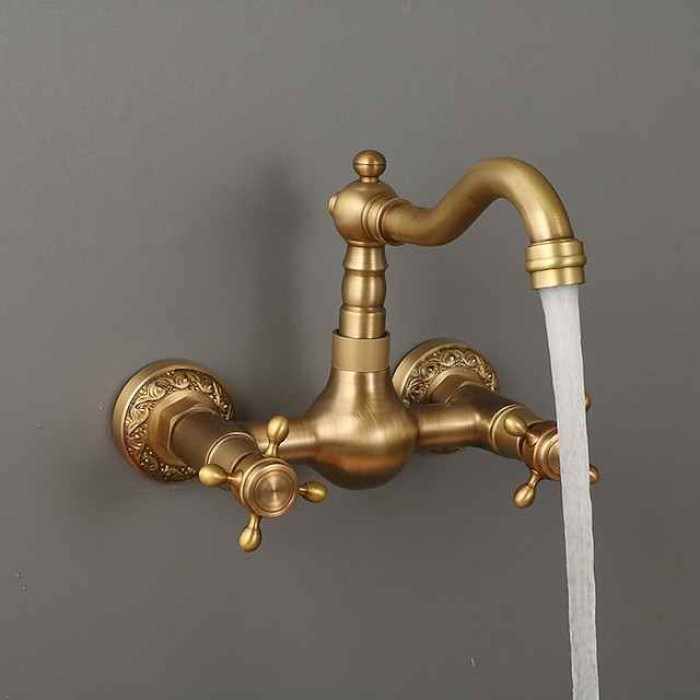 Traditional Kitchen Sink Mixer Taps Wall Mounted Brass, Vintage Retro Kitchen Faucet Twin Lever Standard Spout Vessel Tap