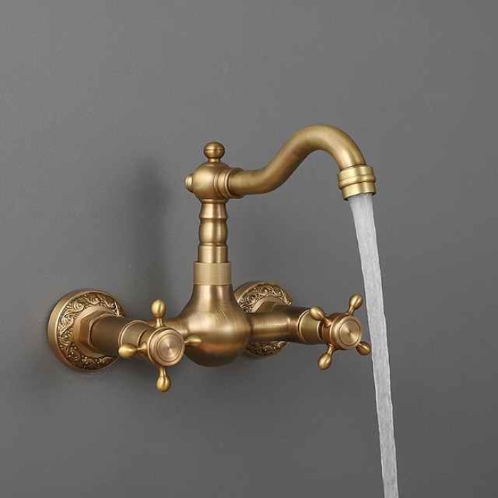 Traditional Kitchen Sink Mixer Taps Wall Mounted Brass, Vintage Retro Kitchen Faucet Twin Lever Standard Spout Vessel Tap