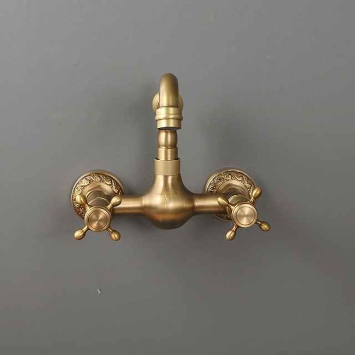 Traditional Kitchen Sink Mixer Taps Wall Mounted Brass, Vintage Retro Kitchen Faucet Twin Lever Standard Spout Vessel Tap