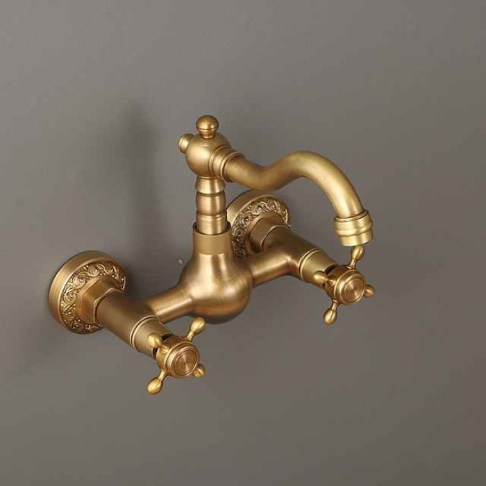 Traditional Kitchen Sink Mixer Taps Wall Mounted Brass, Vintage Retro Kitchen Faucet Twin Lever Standard Spout Vessel Tap