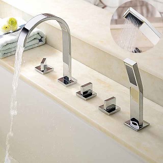 Bathtub Faucet Deck Mounted, Bathroom Faucet Bath Roman Tub Filler Mixer Tap Brass with Handheld, 5 Hole 3 Handle Sprayer with Cold Hot Water Hose