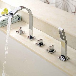 Bathtub Faucet Deck Mounted, Bathroom Faucet Bath Roman Tub Filler Mixer Tap Brass with Handheld, 5 Hole 3 Handle Sprayer with Cold Hot Water Hose