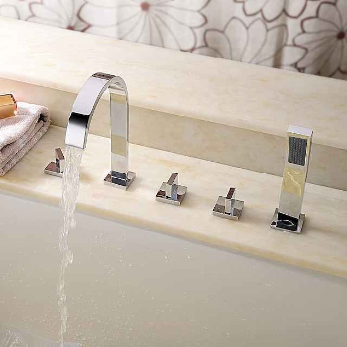 Bathtub Faucet Deck Mounted, Bathroom Faucet Bath Roman Tub Filler Mixer Tap Brass with Handheld, 5 Hole 3 Handle Sprayer with Cold Hot Water Hose