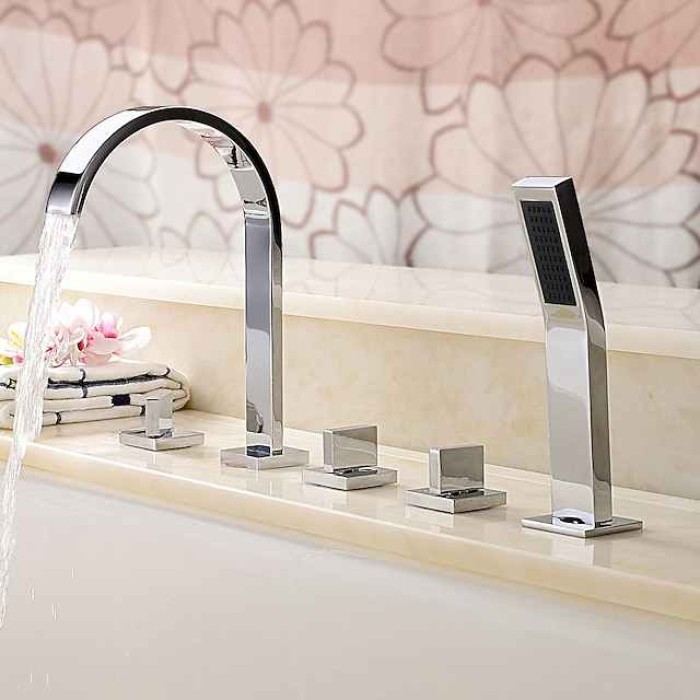 Bathtub Faucet Deck Mounted, Bathroom Faucet Bath Roman Tub Filler Mixer Tap Brass with Handheld, 5 Hole 3 Handle Sprayer with Cold Hot Water Hose