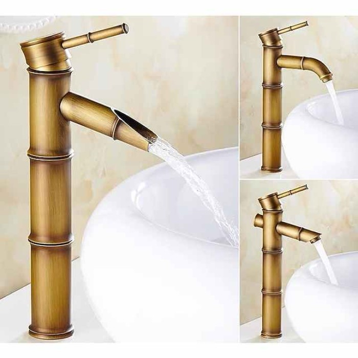 Vintage Bathroom Sink Mixer Faucet, Retro Style Monobloc Washroom Basin Vessel Taps Brass Single Handle Deck Mounted, Traditional with Hot and Cold Water Hose