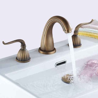 Widespread Bathroom Sink Mixer Faucet, Vintage Brass 3 Hole 2 Handles Basin Taps, Retro Style Bathroom Tap Contain with Cold and Hot Water Hose