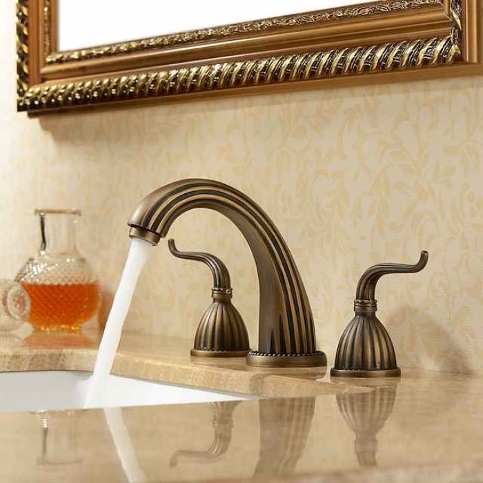 Widespread Bathroom Sink Mixer Faucet, Vintage Brass 3 Hole 2 Handles Basin Taps, Retro Style Bathroom Tap Contain with Cold and Hot Water Hose