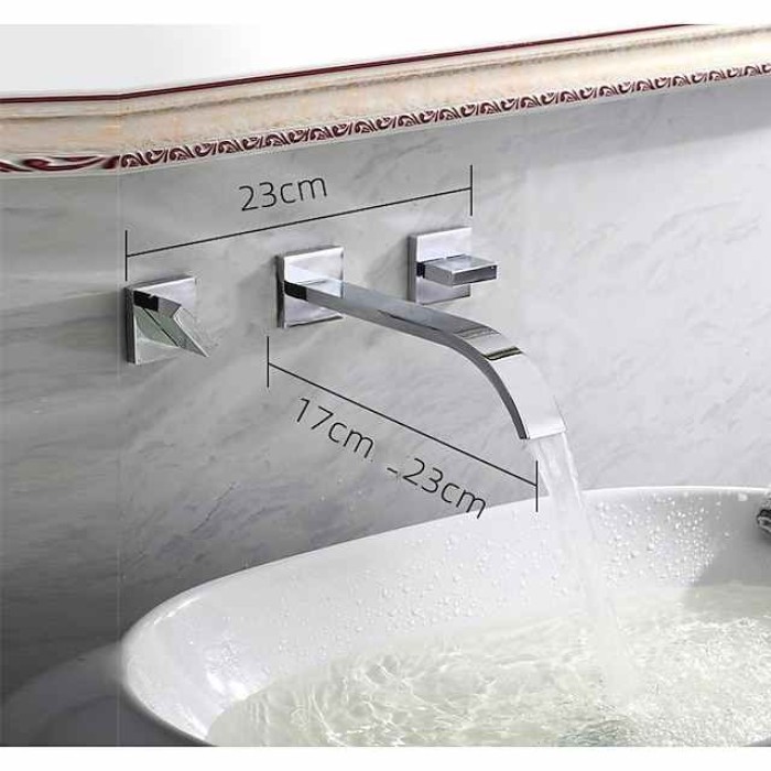 Wall Mounted Bathroom Sink FaucetSilvery Widespread Chrome Two Handles Three Holes Bath Taps with Hot and Cold Water