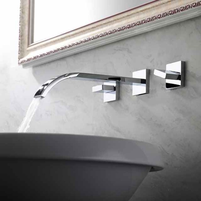 Wall Mounted Bathroom Sink FaucetSilvery Widespread Chrome Two Handles Three Holes Bath Taps with Hot and Cold Water