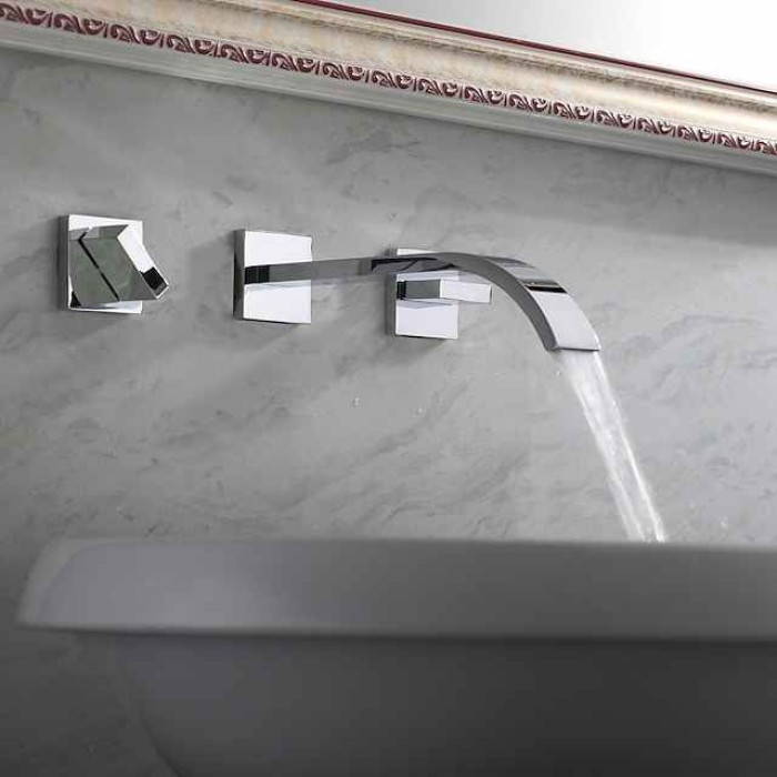 Wall Mounted Bathroom Sink FaucetSilvery Widespread Chrome Two Handles Three Holes Bath Taps with Hot and Cold Water