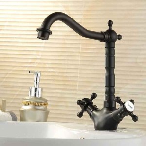 Copper Bathroom Sink Faucet,Black Deck Mounted Rotatable Faucet Set,Oil-rubbed Two Handles One Hole Bath Taps with Hot and Cold Switch