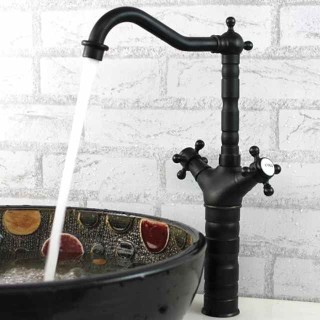 Traditional Brass Bathroom Sink Faucet,Black Oil-rubbed Bronze Deck Mounted Two Handles One Hole Bath Taps with Zinc Alloy Handle,Hot and Cold Switch and Ceramic Valve