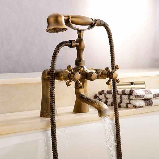 Antique Brass Wall Mounted  Shower Faucet, Two Handles Two Holes Bathtub Shower Mixer Taps Contain with Handshower and Valve and Hot/Cold Water