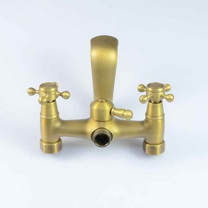 Antique Brass Wall Mounted  Shower Faucet, Two Handles Two Holes Bathtub Shower Mixer Taps Contain with Handshower and Valve and Hot/Cold Water