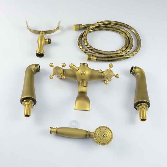 Antique Brass Wall Mounted  Shower Faucet, Two Handles Two Holes Bathtub Shower Mixer Taps Contain with Handshower and Valve and Hot/Cold Water