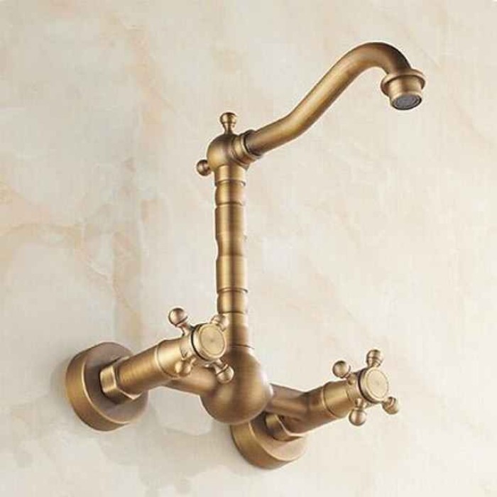 Vintage Kitchen Sink Mixer Faucet Wall Mounted, 360 Swivel Spout Retro Style Brass 2 Handle 2 Hole Vessel Taps, Traditional Kitchen Taps with Hot and Cold Water Hose