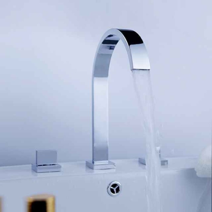 Copper Bathroom Sink Faucet,Widespread Chrome Two Handles Three Holes Bath Taps with Hot and Cold Switch and Valve