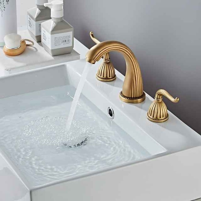 Widespread Bathroom Sink Mixer Faucet, 3 Hole 2 Handle Deck Mounted Basin Taps with Hot and Cold Hose, Vessel Water Tap