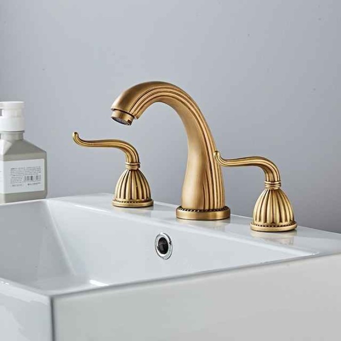 Widespread Bathroom Sink Mixer Faucet, 3 Hole 2 Handle Deck Mounted Basin Taps with Hot and Cold Hose, Vessel Water Tap