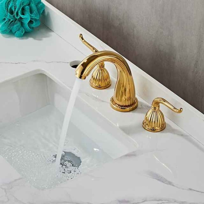 Widespread Bathroom Sink Mixer Faucet, 3 Hole 2 Handle Deck Mounted Basin Taps with Hot and Cold Hose, Vessel Water Tap