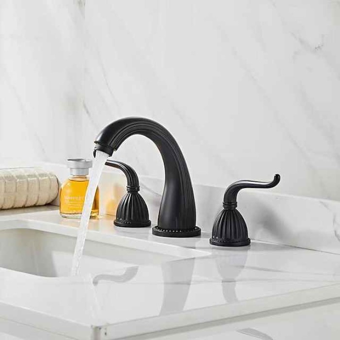 Widespread Bathroom Sink Mixer Faucet, 3 Hole 2 Handle Deck Mounted Basin Taps with Hot and Cold Hose, Vessel Water Tap