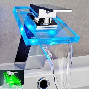 Waterfall Bathroom Sink Mixer Faucet Chrome, Led Faucet Lights Color Changing Battery Powered, Single Hole Single Handle Basin Taps, Brass Washroom Facuet with Glass Spout