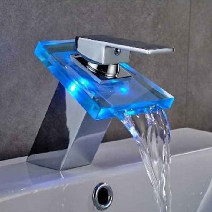 Waterfall Bathroom Sink Mixer Faucet Chrome, Led Faucet Lights Color Changing Battery Powered, Single Hole Single Handle Basin Taps, Brass Washroom Facuet with Glass Spout