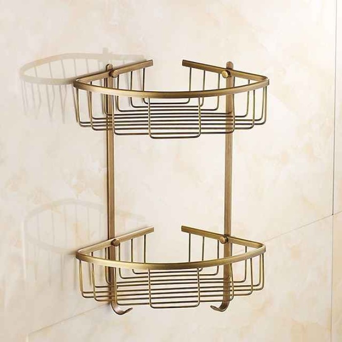 Bathroom Shelf Standing, Bathroom Shelf Corner Basket Antique Brass Shower Caddy for Shampoo Soap Hair Dryer Holder Triangle Shelves Wall Mounted Basket Rack Shower