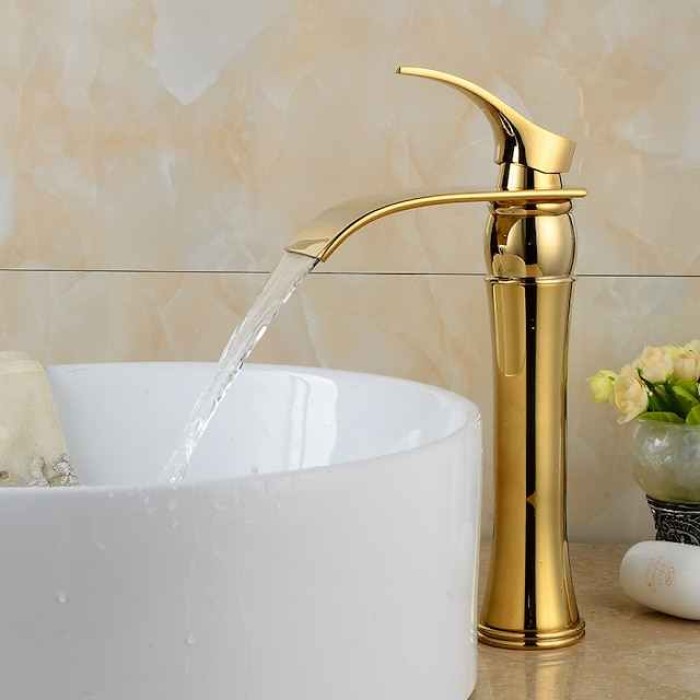 Brass Bathroom Sink Faucet,Waterfall Ti-PVD Widespread Single Handle One Hole Bath Taps with Hot and Cold Switch and Ceramic Valve