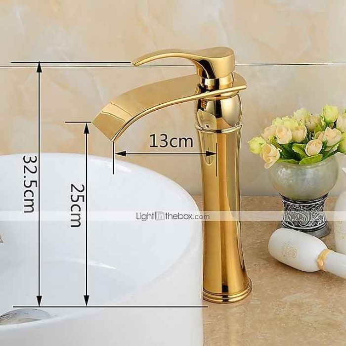 Brass Bathroom Sink Faucet,Waterfall Ti-PVD Widespread Single Handle One Hole Bath Taps with Hot and Cold Switch and Ceramic Valve