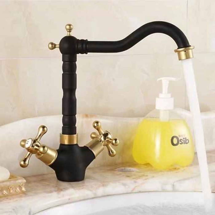 Antique Brass Kitchen Faucet,Two Handles One Hole Standard Spout Deck Mounted Traditional Kitchen Taps with Hot and Cold Switch