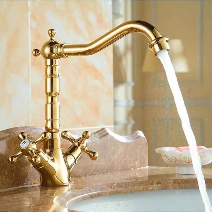 Antique Brass Kitchen Faucet,Two Handles One Hole Standard Spout Deck Mounted Traditional Kitchen Taps with Hot and Cold Switch