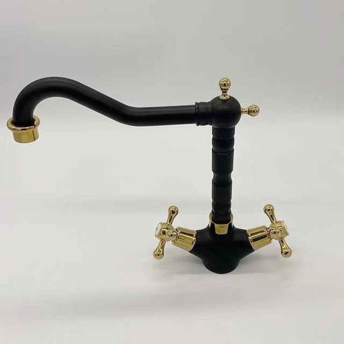 Antique Brass Kitchen Faucet,Two Handles One Hole Standard Spout Deck Mounted Traditional Kitchen Taps with Hot and Cold Switch