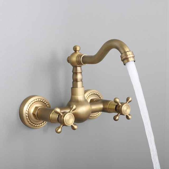 Bathroom Sink Faucet,Two Handles Golden Wall Mount Two Holes Retro Style Standard Spout Bathroom Sink Faucet with Cold and Hot Switch