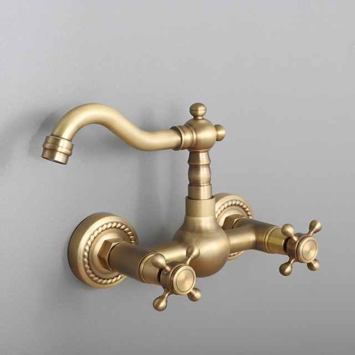 Bathroom Sink Faucet,Two Handles Golden Wall Mount Two Holes Retro Style Standard Spout Bathroom Sink Faucet with Cold and Hot Switch