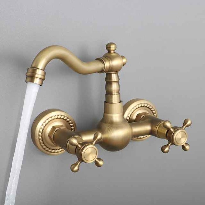 Bathroom Sink Faucet,Two Handles Golden Wall Mount Two Holes Retro Style Standard Spout Bathroom Sink Faucet with Cold and Hot Switch