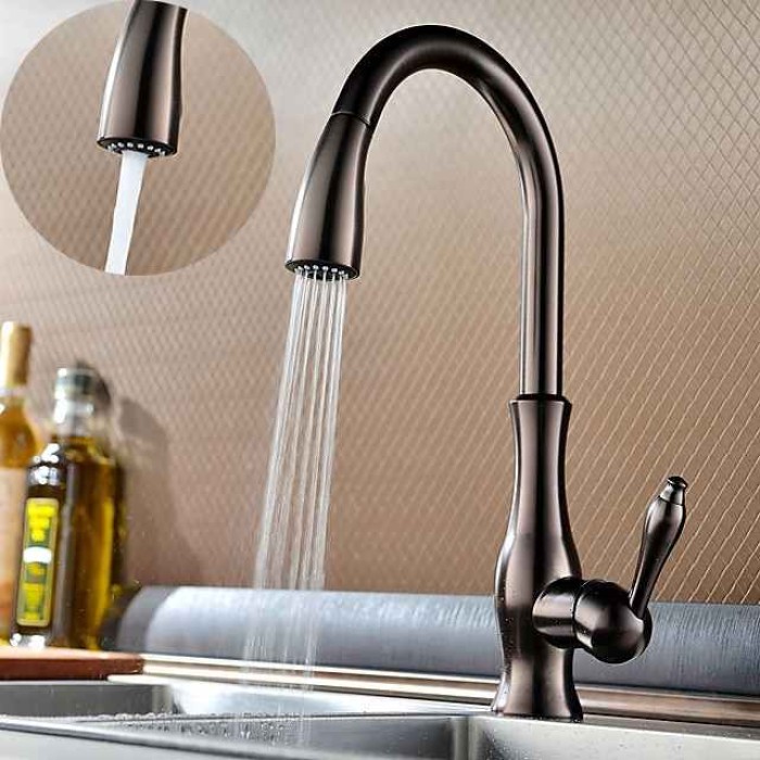 Kitchen Sink Mixer Faucet with Pull Out Sprayer, 360 Swivel Brass Single Handle Vessel Taps 2 Modes Standard Spout Deck Mounted, Traditional Kitchen Taps with Hot and Cold Water Hose Oil-rubbed Bronze