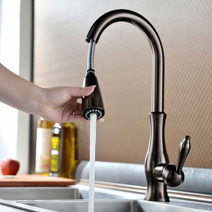 Kitchen Sink Mixer Faucet with Pull Out Sprayer, 360 Swivel Brass Single Handle Vessel Taps 2 Modes Standard Spout Deck Mounted, Traditional Kitchen Taps with Hot and Cold Water Hose Oil-rubbed Bronze