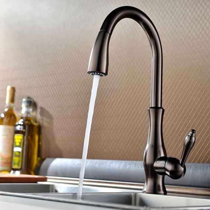 Kitchen Sink Mixer Faucet with Pull Out Sprayer, 360 Swivel Brass Single Handle Vessel Taps 2 Modes Standard Spout Deck Mounted, Traditional Kitchen Taps with Hot and Cold Water Hose Oil-rubbed Bronze