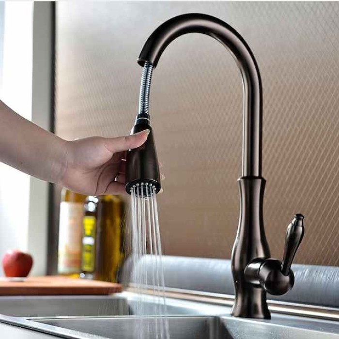 Kitchen Sink Mixer Faucet with Pull Out Sprayer, 360 Swivel Brass Single Handle Vessel Taps 2 Modes Standard Spout Deck Mounted, Traditional Kitchen Taps with Hot and Cold Water Hose Oil-rubbed Bronze