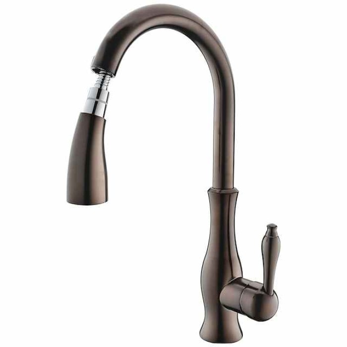 Kitchen Sink Mixer Faucet with Pull Out Sprayer, 360 Swivel Brass Single Handle Vessel Taps 2 Modes Standard Spout Deck Mounted, Traditional Kitchen Taps with Hot and Cold Water Hose Oil-rubbed Bronze