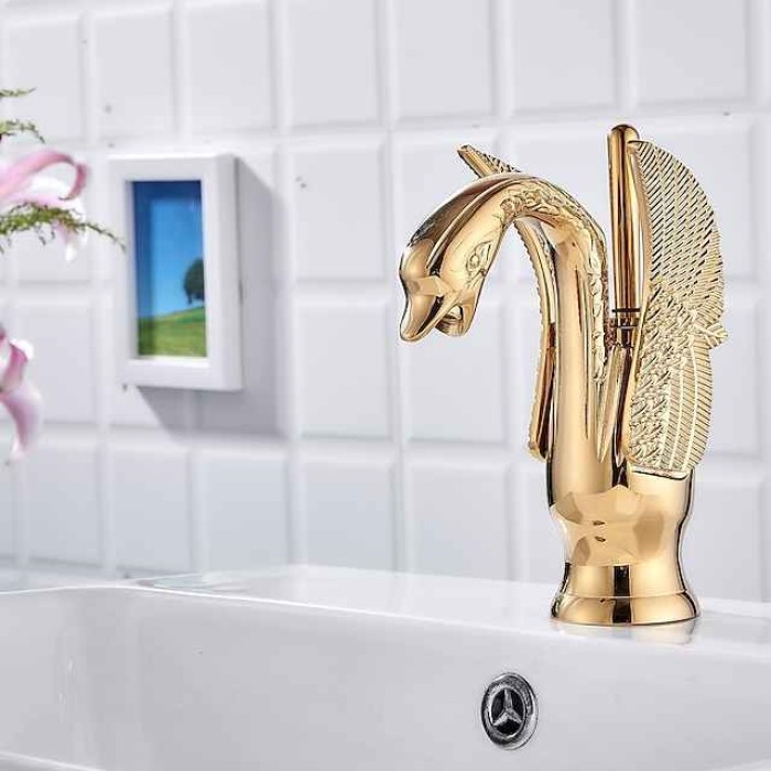 Vintage Bathroom Sink Mixer Faucet Brass Swan Shap, Monobloc Washroom Basin Taps Single Handle One Hole Deck Mounted, Mono Water Vessel Tap Hot and Cold Hose Antique