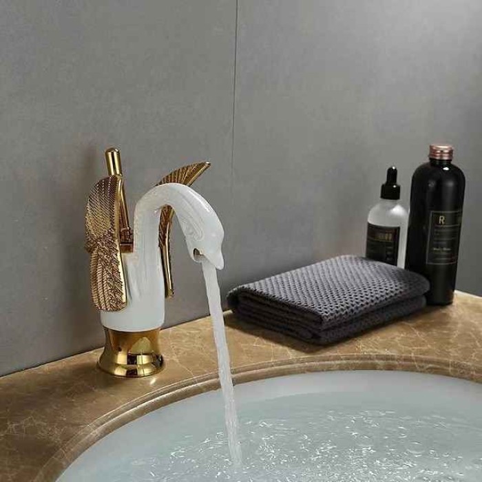 Vintage Bathroom Sink Mixer Faucet Brass Swan Shap, Monobloc Washroom Basin Taps Single Handle One Hole Deck Mounted, Mono Water Vessel Tap Hot and Cold Hose Antique