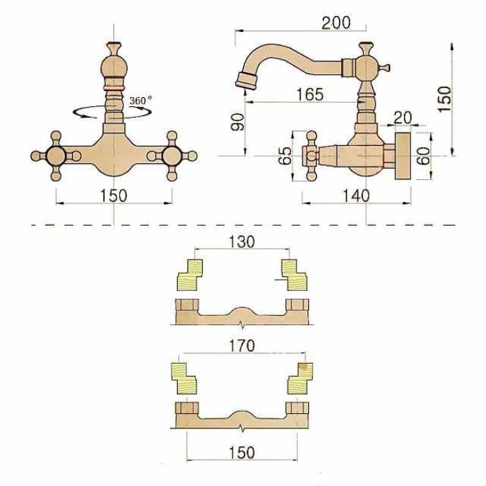 Antique Copper Bathroom Sink Faucet,Wall Mount Two Handles Three Holes Bath Taps with Hot and Cold Switch and Ceramic Valve,Zinc Alloy Handles