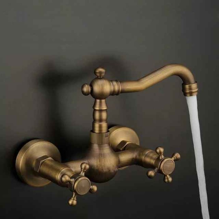 Antique Copper Bathroom Sink Faucet,Wall Mount Two Handles Three Holes Bath Taps with Hot and Cold Switch and Ceramic Valve,Zinc Alloy Handles