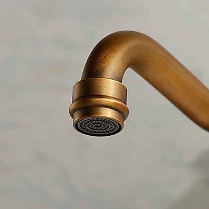 Antique Copper Bathroom Sink Faucet,Wall Mount Two Handles Three Holes Bath Taps with Hot and Cold Switch and Ceramic Valve,Zinc Alloy Handles