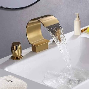 Bathroom Sink Faucet,Elegant Double Handle Arc Waterfall Spout Bathtub Filler Faucet with Three Holes Widespread Bathroom Faucet Gold/Matte Black