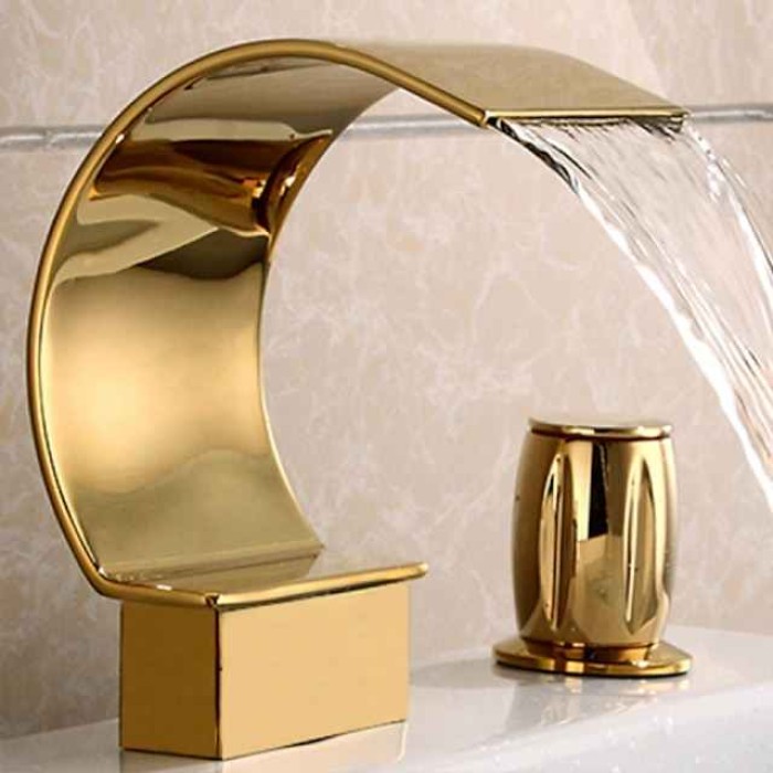 Bathroom Sink Faucet,Elegant Double Handle Arc Waterfall Spout Bathtub Filler Faucet with Three Holes Widespread Bathroom Faucet Gold/Matte Black