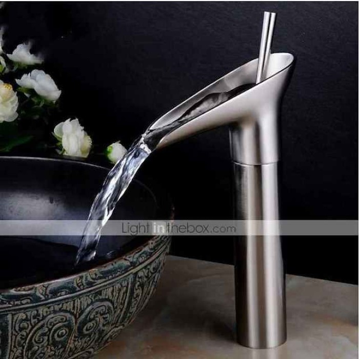 Bathroom Sink Mixer Faucet Waterfall Traditional Antique Brass, Retro Style Washroom Basin Taps Single Handle One Hole Deck Mounted, Monobloc Bathroom Faucet with Hot and Cold Hose